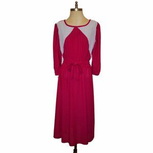 Vtg 70s Puff Sleeve Pleated Top Waist Tie Dress 16